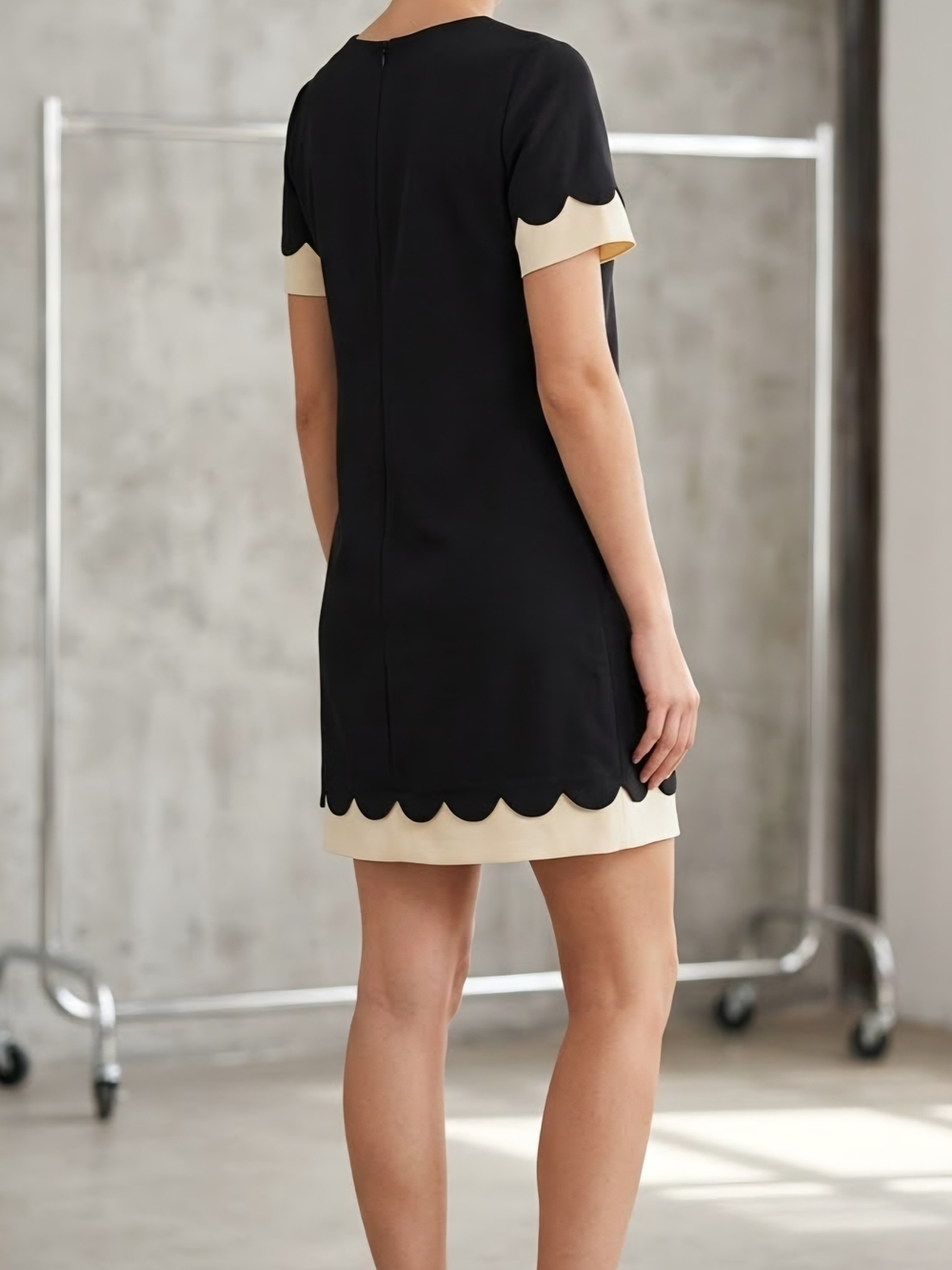 Vintage Stanley Platos Black Shift Dress with Cream Scallop Trim